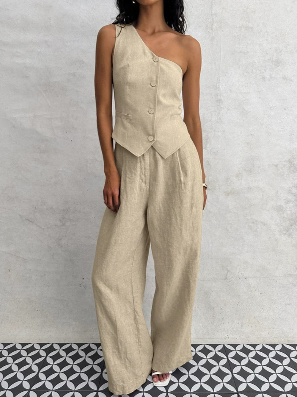 Zara One Shoulder Vest High Waist Wide Leg Pants Set